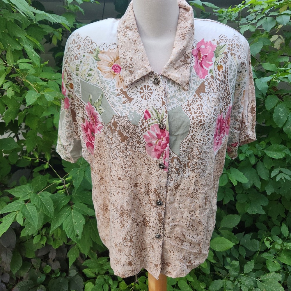 80s Jane Lane Collection large/xl Floral Button Down Top Vintage Rayon blouse